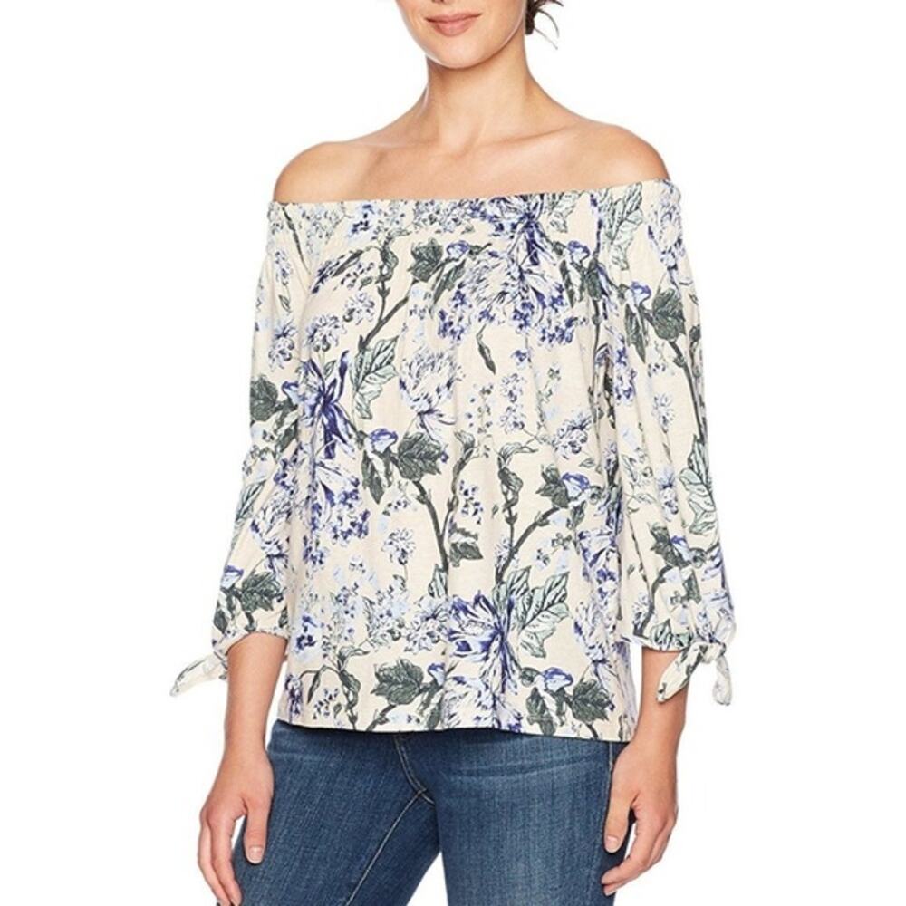 Lucky Brand Women's Floral Off The Shoulder Top M Cream Smocked Boho Tie Sleeve